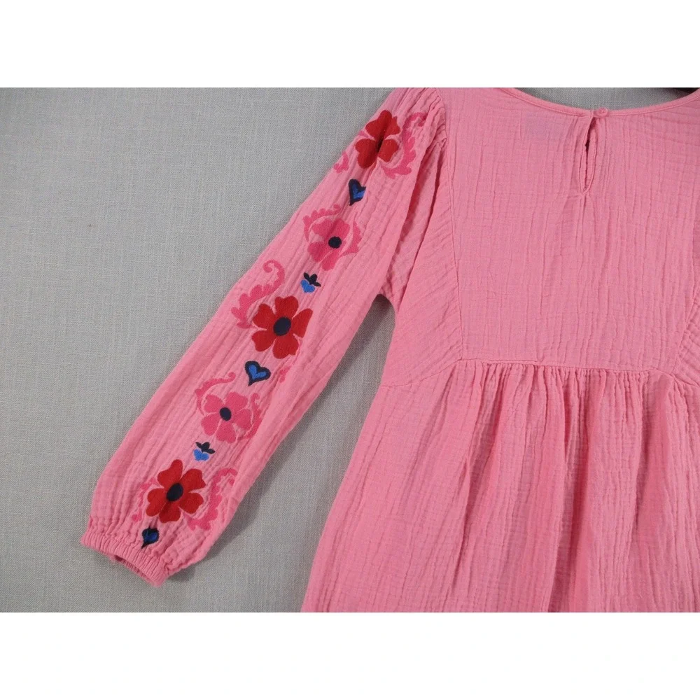 Old Navy Girls Pink Crinkle Gauze Embroidered Floral Long Sleeve Dress XL 14-16